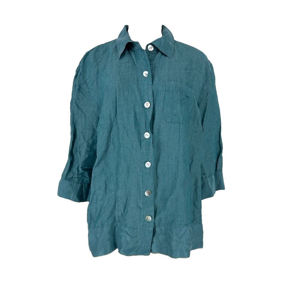 Norton McNaughton Plus Size 1X Woman Linen Blend 3/4 Sleeve Button Up Shirt V12